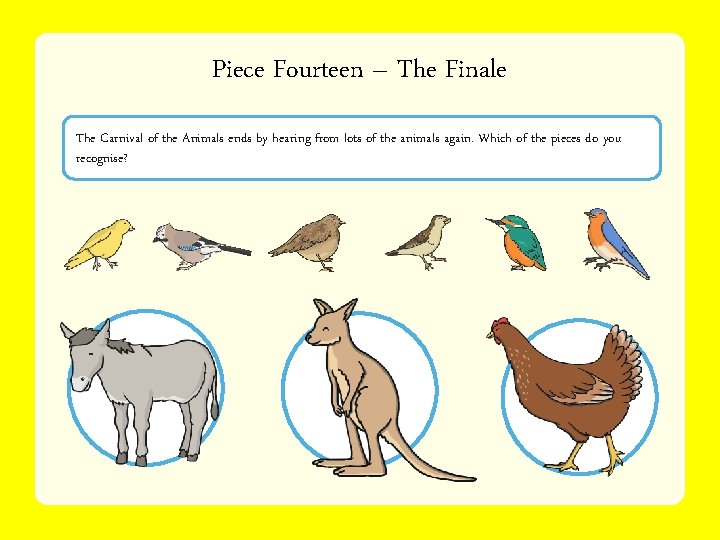 Piece Fourteen – The Finale The Carnival of the Animals ends by hearing from