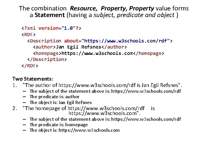 The combination Resource, Property value forms a Statement (having a subject, predicate and object