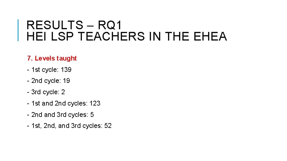 RESULTS – RQ 1 HEI LSP TEACHERS IN THE EHEA 7. Levels taught -