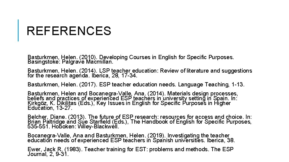 REFERENCES Basturkmen, Helen. (2010). Developing Courses in English for Specific Purposes. Basingstoke: Palgrave Macmillan.