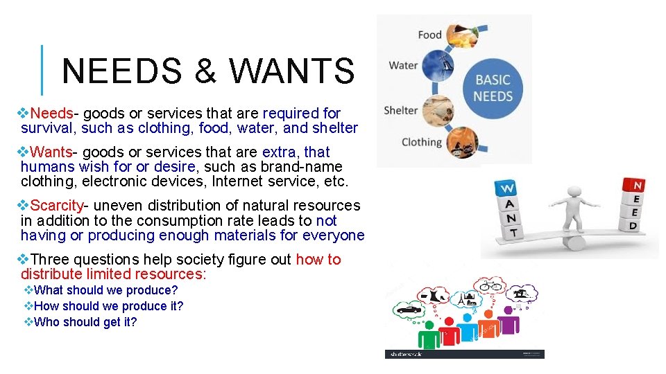 NEEDS & WANTS v. Needs- goods or services that are required for survival, such NEEDS & WANTS v. Needs- goods or services that are required for survival, such