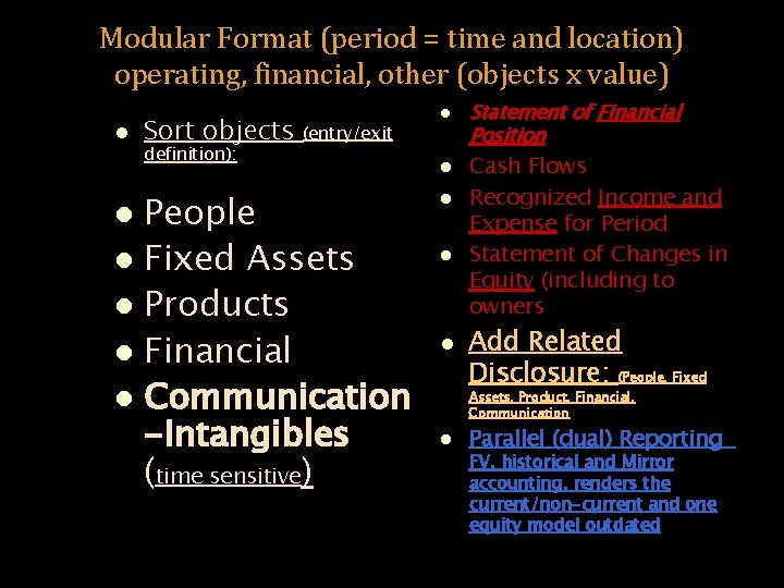 Modular Format (period = time and location) operating, financial, other (objects x value) l