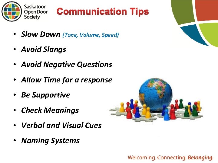 Communication Tips • Slow Down (Tone, Volume, Speed) • Avoid Slangs • Avoid Negative