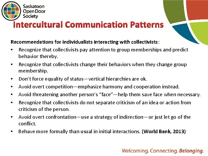 Intercultural Communication Patterns Recommendations for individualists interacting with collectivists: • Recognize that collectivists pay