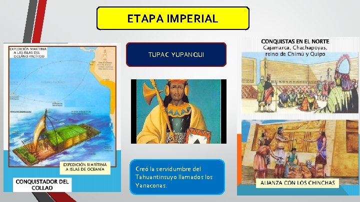 ETAPA IMPERIAL TUPAC YUPANQUI Creó la servidumbre del Tahuantinsuyo llamados los Yanaconas. 