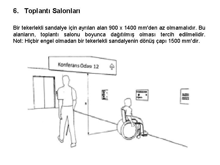 6. Toplantı Salonları Bir tekerlekli sandalye için ayrılan alan 900 x 1400 mm'den az