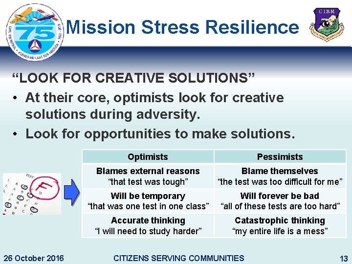 Mission Stress Resilience “LOOK FOR CREATIVE SOLUTIONS” • At their core, optimists look for