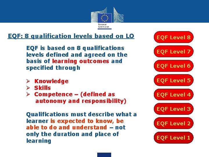 EQF: 8 qualification levels based on LO EQF is based on 8 qualifications levels