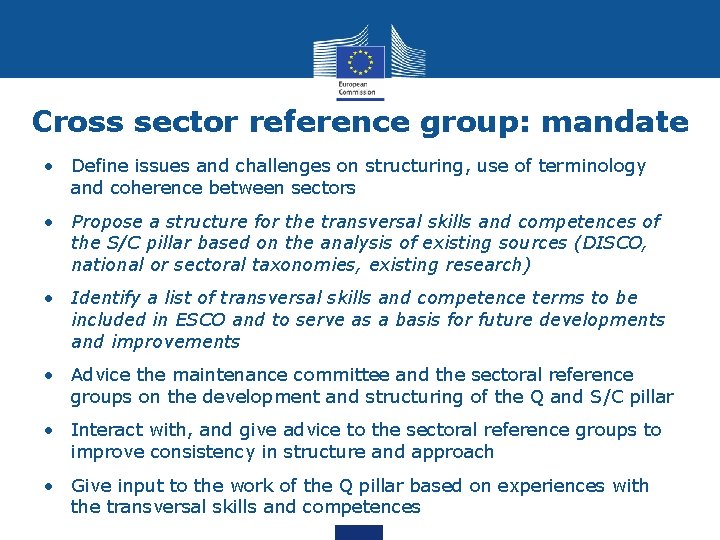 Cross sector reference group: mandate • Define issues and challenges on structuring, use of