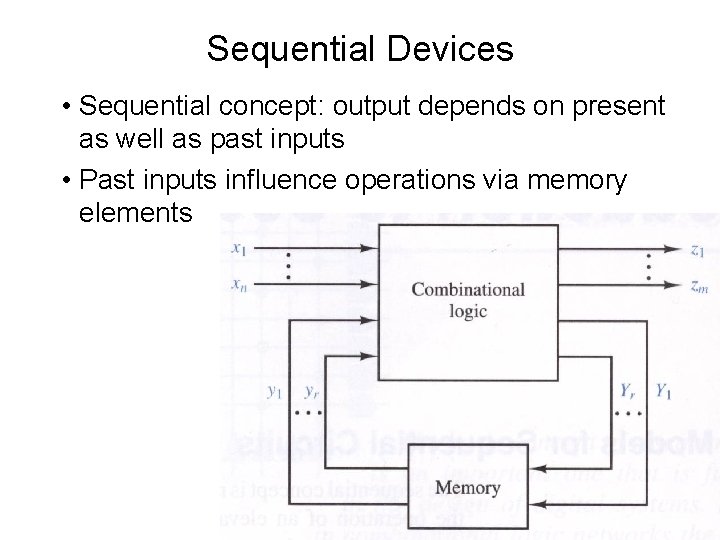 Sequential Devices • Sequential concept: output depends on present as well as past inputs