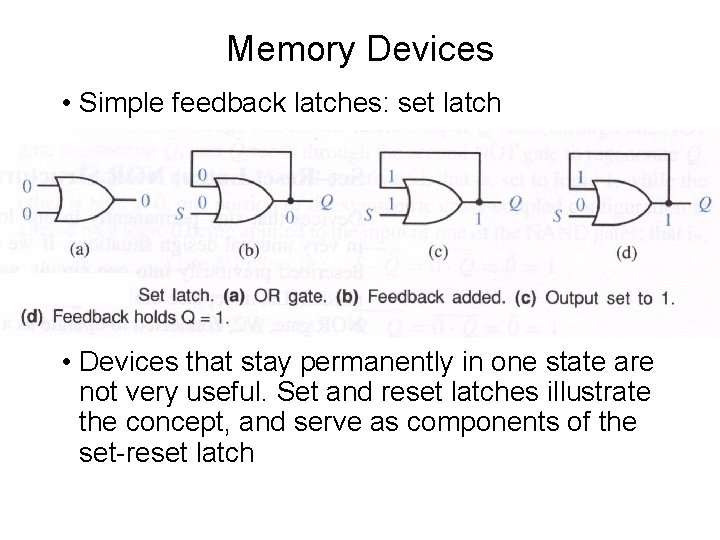 Memory Devices • Simple feedback latches: set latch • Devices that stay permanently in