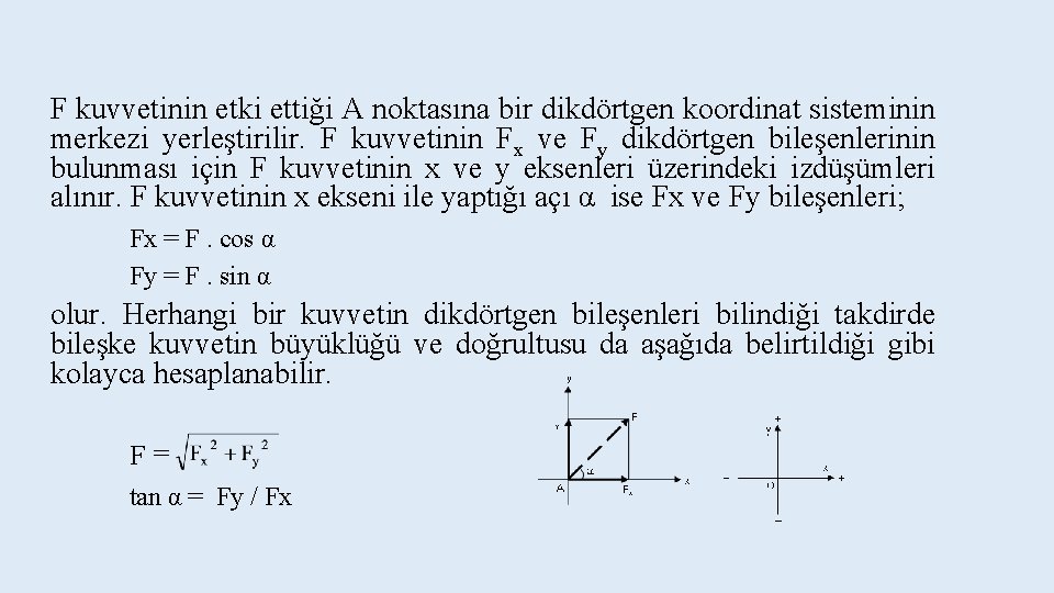 F kuvvetinin etki ettiği A noktasına bir dikdörtgen koordinat sisteminin merkezi yerleştirilir. F kuvvetinin