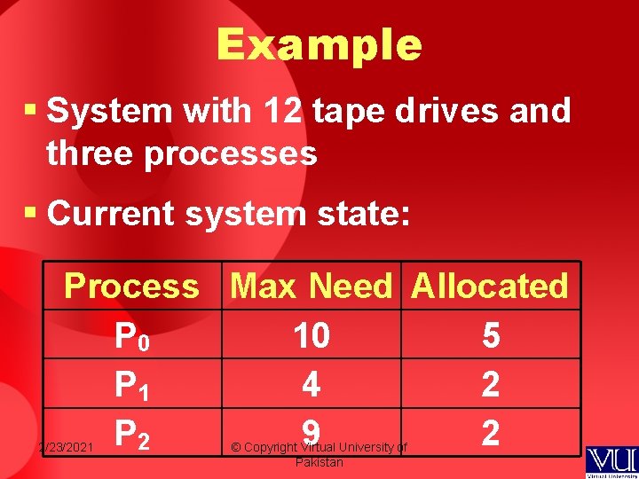 Example § System with 12 tape drives and three processes § Current system state: Example § System with 12 tape drives and three processes § Current system state: