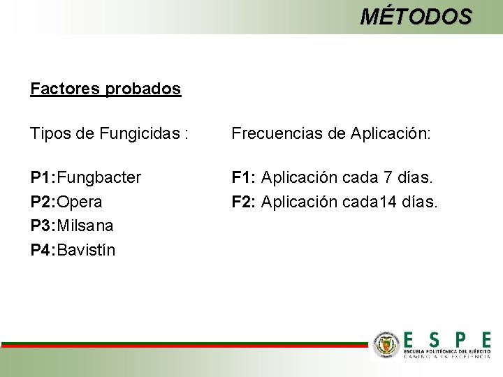 MÉTODOS Factores probados Tipos de Fungicidas : Frecuencias de Aplicación: P 1: Fungbacter P
