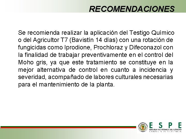 RECOMENDACIONES Se recomienda realizar la aplicación del Testigo Químico o del Agricultor T 7