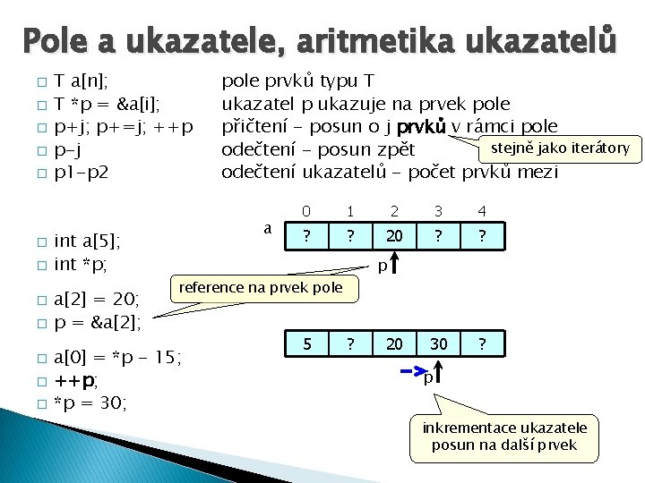 Pole a ukazatele, aritmetika ukazatelů � � � T a[n]; T *p = &a[i];