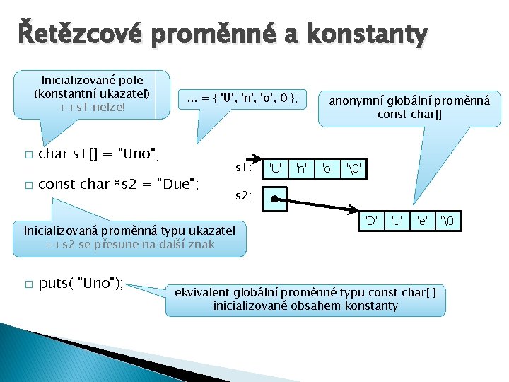 Řetězcové proměnné a konstanty Inicializované pole (konstantní ukazatel) ++s 1 nelze! � � .