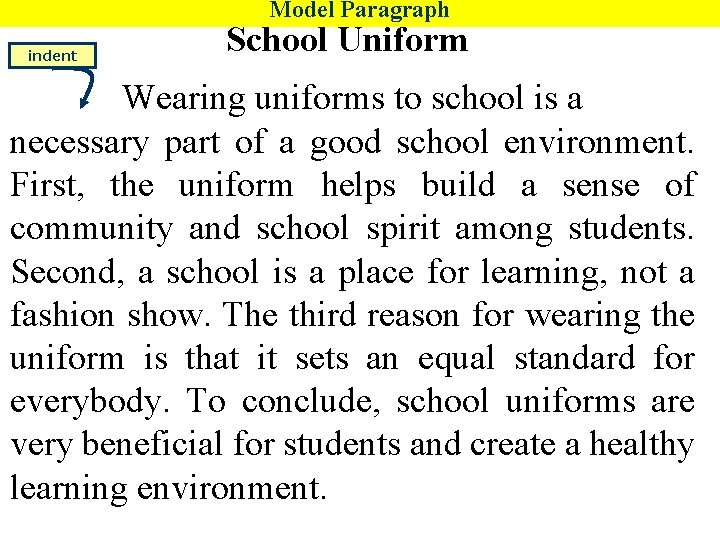 Model Paragraph indent School Uniform Wearing uniforms to school is a necessary part of