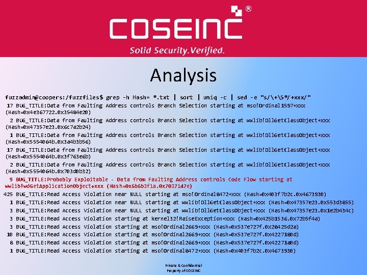 Analysis fuzzadmin@coopers: /fuzzfiles$ grep -h Hash= *. txt | sort | uniq -c |