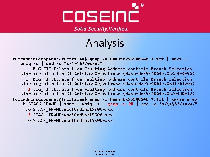 Analysis fuzzadmin@coopers: /fuzzfiles$ grep -h Hash=0 x 5554064 b *. txt | sort |