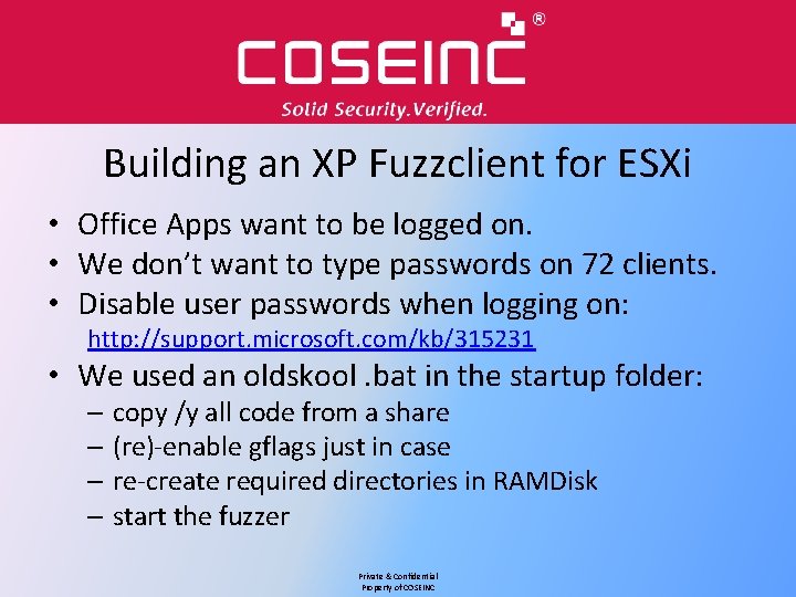 Building an XP Fuzzclient for ESXi • Office Apps want to be logged on.