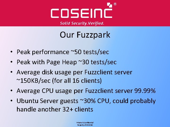 Our Fuzzpark • Peak performance ~50 tests/sec • Peak with Page Heap ~30 tests/sec