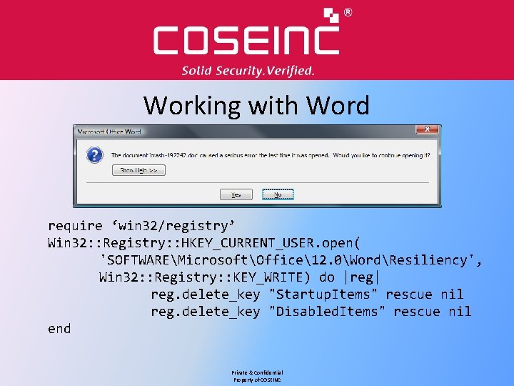 Working with Word require ‘win 32/registry’ Win 32: : Registry: : HKEY_CURRENT_USER. open( 'SOFTWAREMicrosoftOffice12.