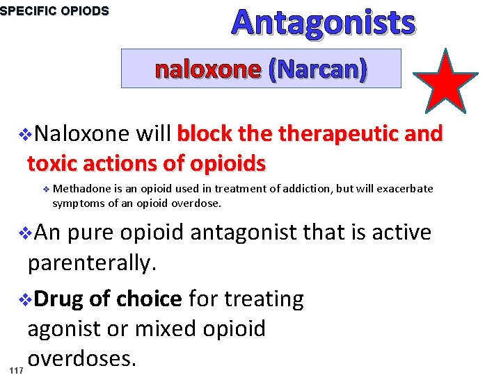 SPECIFIC OPIODS Antagonists naloxone (Narcan) v. Naloxone will block therapeutic and toxic actions of