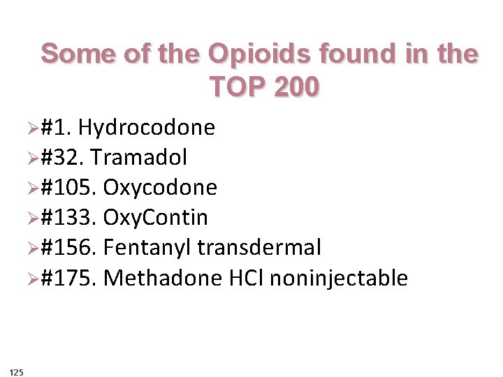 Some of the Opioids found in the TOP 200 Ø#1. Hydrocodone Ø#32. Tramadol Ø#105.