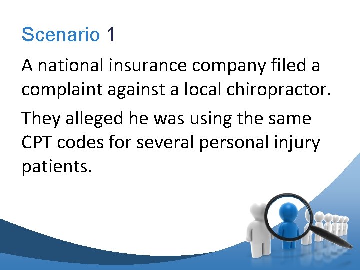 Scenario 1 A national insurance company filed a complaint against a local chiropractor. They
