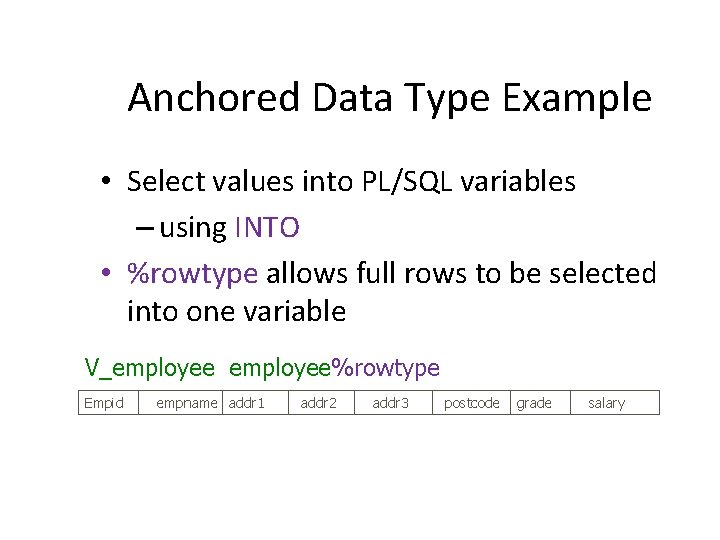 Anchored Data Type Example • Select values into PL/SQL variables – using INTO •