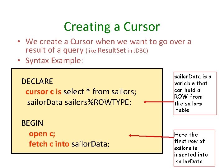 Creating a Cursor • We create a Cursor when we want to go over