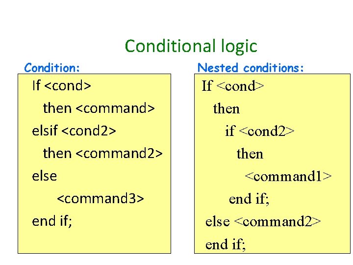 Conditional logic Condition: If <cond> then <command> elsif <cond 2> then <command 2> else