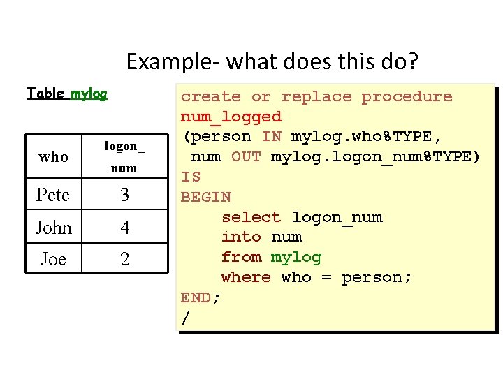 Example- what does this do? Table mylog who logon_ num Pete 3 John 4