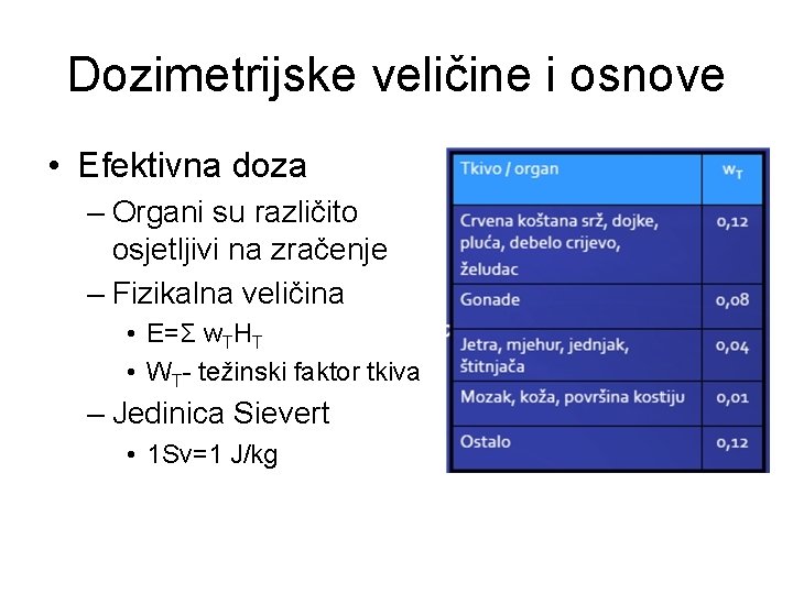 Dozimetrijske veličine i osnove • Efektivna doza – Organi su različito osjetljivi na zračenje