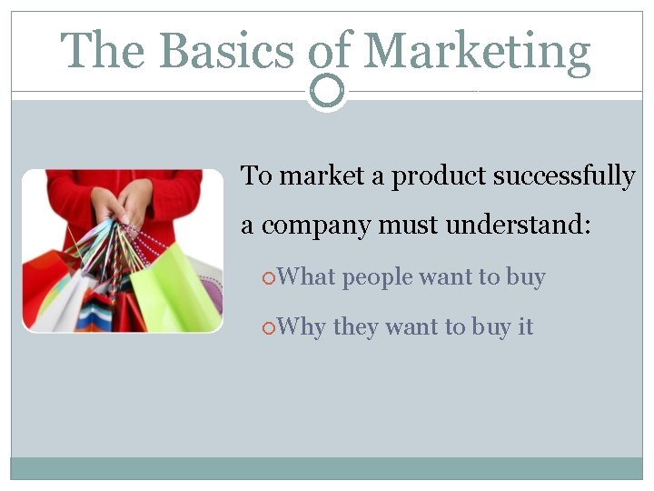 The Basics of Marketing To market a product successfully a company must understand: What