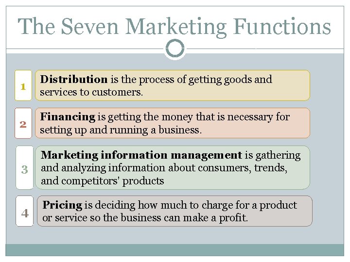 The Seven Marketing Functions 1 Distribution is the process of getting goods and services