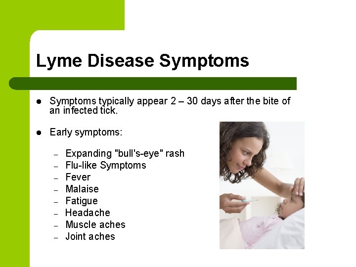 Lyme Disease Symptoms l Symptoms typically appear 2 – 30 days after the bite Lyme Disease Symptoms l Symptoms typically appear 2 – 30 days after the bite