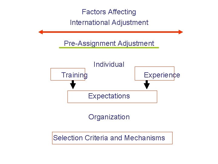 Factors Affecting International Adjustment Pre-Assignment Adjustment Individual Training Experience Expectations Organization Selection Criteria and