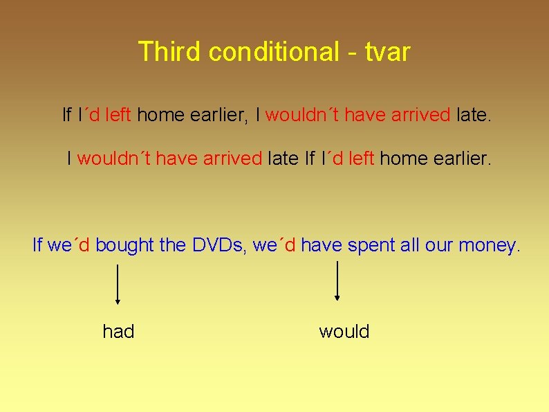 Third conditional - tvar If I´d left home earlier, I wouldn´t have arrived late Third conditional - tvar If I´d left home earlier, I wouldn´t have arrived late