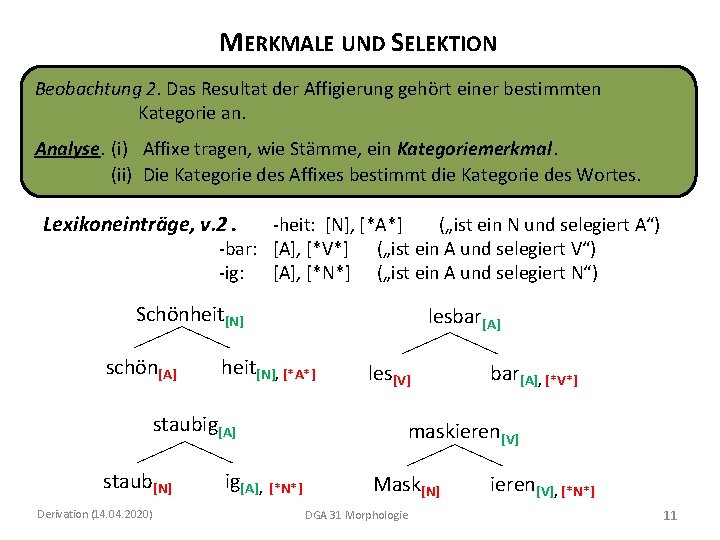 MERKMALE UND SELEKTION Beobachtung 2. Das Resultat der Affigierung gehört einer bestimmten Kategorie an.