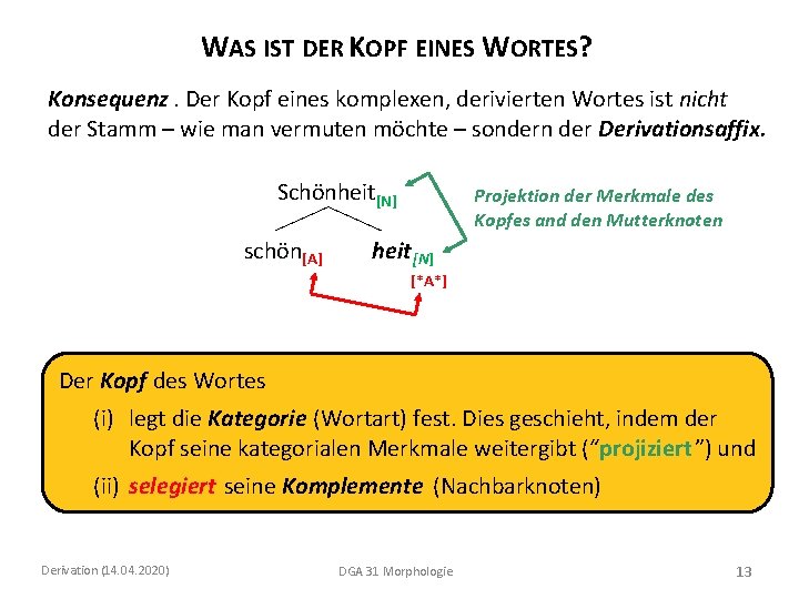 WAS IST DER KOPF EINES WORTES? Konsequenz. Der Kopf eines komplexen, derivierten Wortes ist