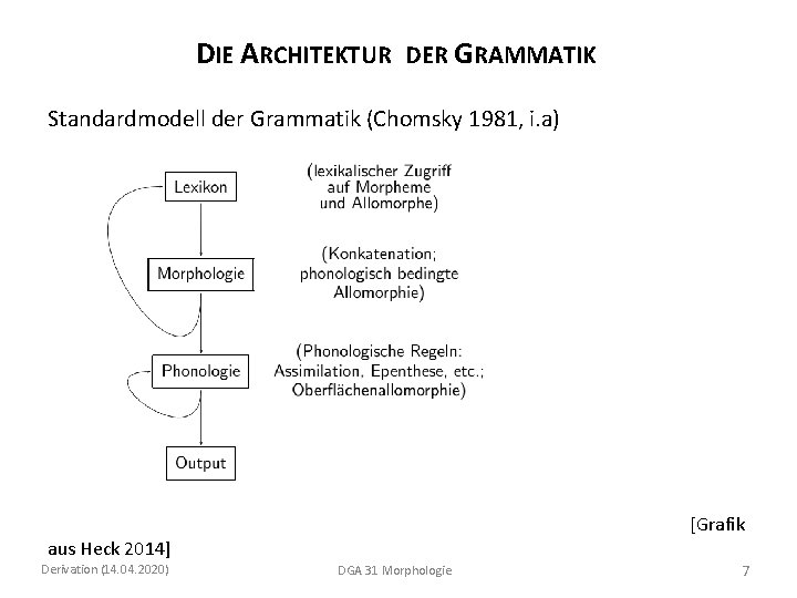 DIE ARCHITEKTUR DER GRAMMATIK Standardmodell der Grammatik (Chomsky 1981, i. a) [Grafik aus Heck