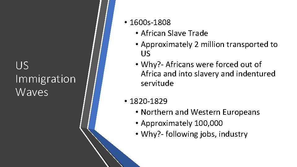 US Immigration Waves • 1600 s-1808 • African Slave Trade • Approximately 2 million