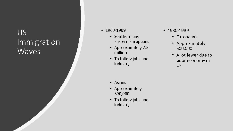 US Immigration Waves • 1900 -1909 • Southern and Eastern Europeans • Approximately 7.