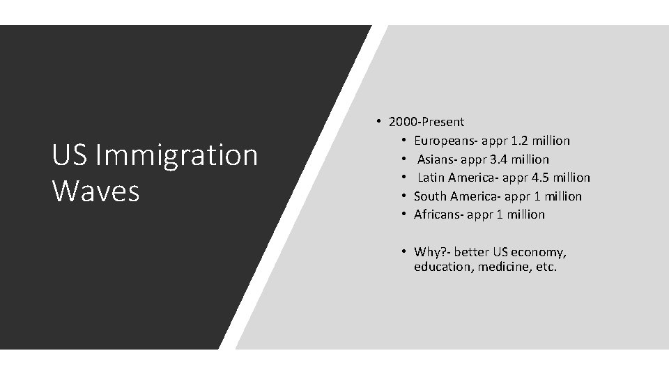 US Immigration Waves • 2000 -Present • Europeans- appr 1. 2 million • Asians-