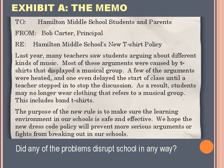 EXHIBIT A: THE MEMO TO: Hamilton Middle School Students and Parents FROM: Bob Carter,