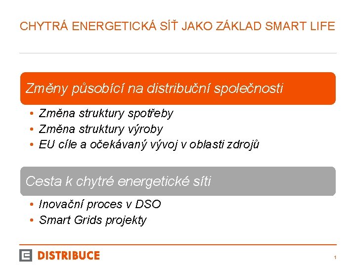 CHYTRÁ ENERGETICKÁ SÍŤ JAKO ZÁKLAD SMART LIFE Změny působící na distribuční společnosti • Změna