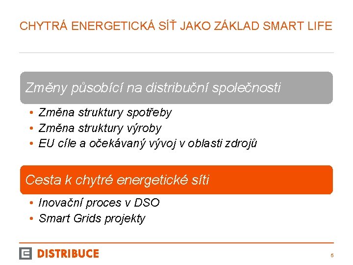 CHYTRÁ ENERGETICKÁ SÍŤ JAKO ZÁKLAD SMART LIFE Změny působící na distribuční společnosti • Změna