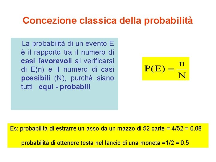 Concezione classica della probabilità La probabilità di un evento E è il rapporto tra